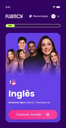 Telas do app da Fluency: curso, conversação e memorização